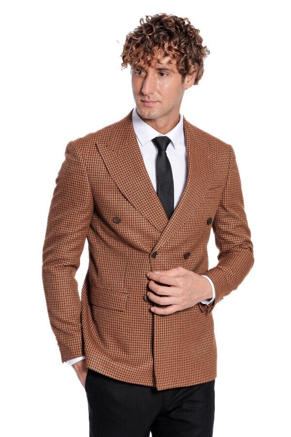 Houndstooth Patterned Tawny Men Double Breasted Blazer - Wessi