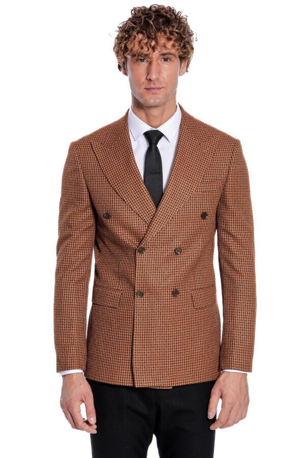 Houndstooth Patterned Tawny Men Double Breasted Blazer - Wessi