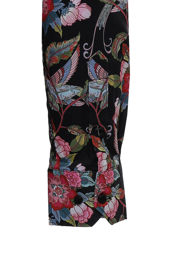 Camicia nera da uomo a maniche lunghe con motivo floreale e colibrì - Wessi