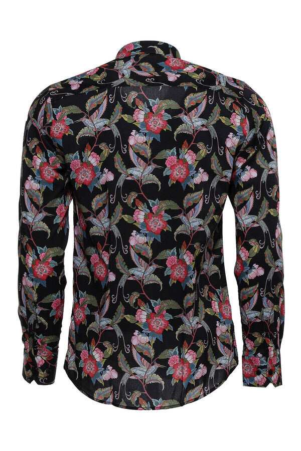 Camicia nera da uomo a maniche lunghe con motivo floreale e colibrì - Wessi