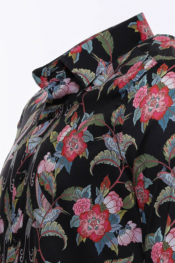 Camicia nera da uomo a maniche lunghe con motivo floreale e colibrì - Wessi