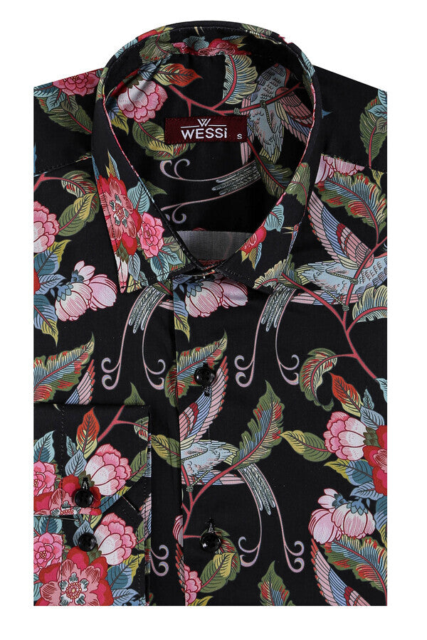 Camicia nera da uomo a maniche lunghe con motivo floreale e colibrì - Wessi
