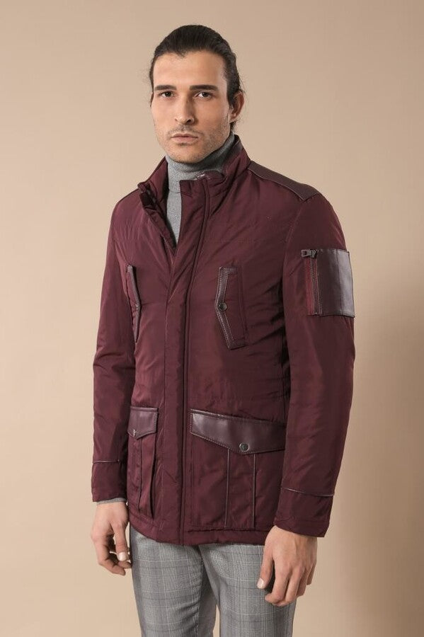 Leather Modeled Burgundy Slim Fit Quilted Jacket - Wessi
