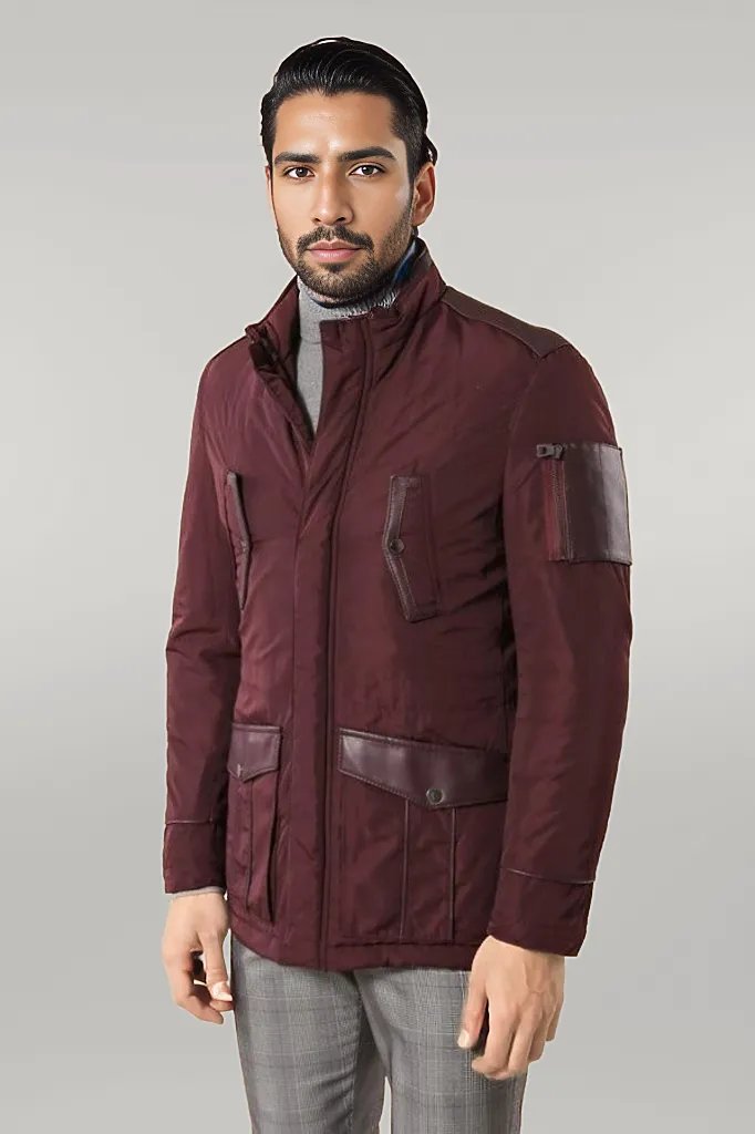 Leather Modeled Burgundy Slim Fit Quilted Jacket - Wessi