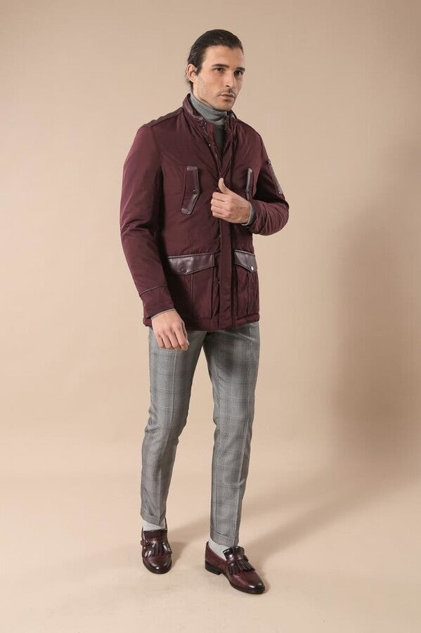 Leather Modeled Burgundy Slim Fit Quilted Jacket - Wessi
