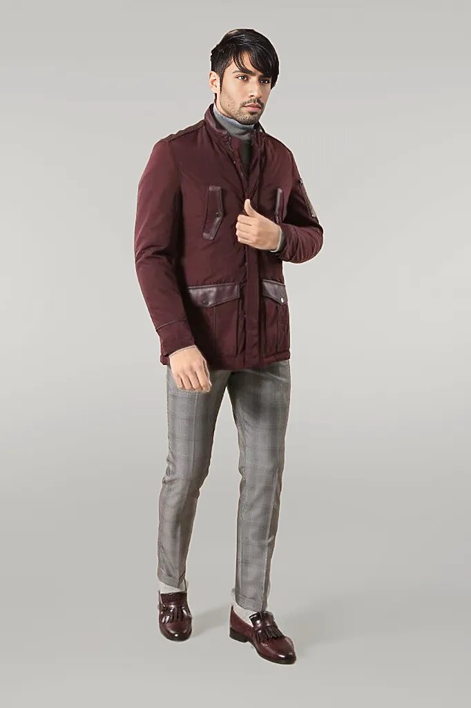 Leather Modeled Burgundy Slim Fit Quilted Jacket - Wessi