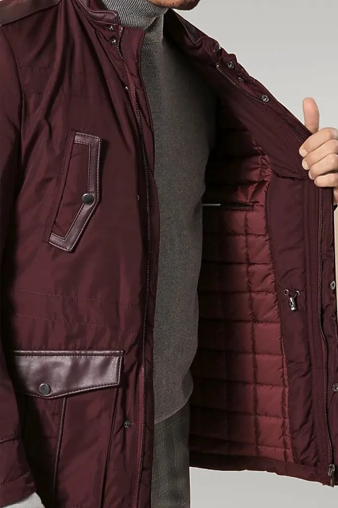 Leather Modeled Burgundy Slim Fit Quilted Jacket - Wessi