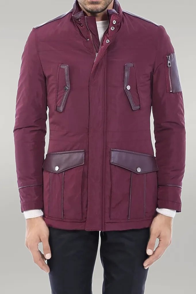 Leather Modeled Burgundy Slim Fit Quilted Jacket - Wessi