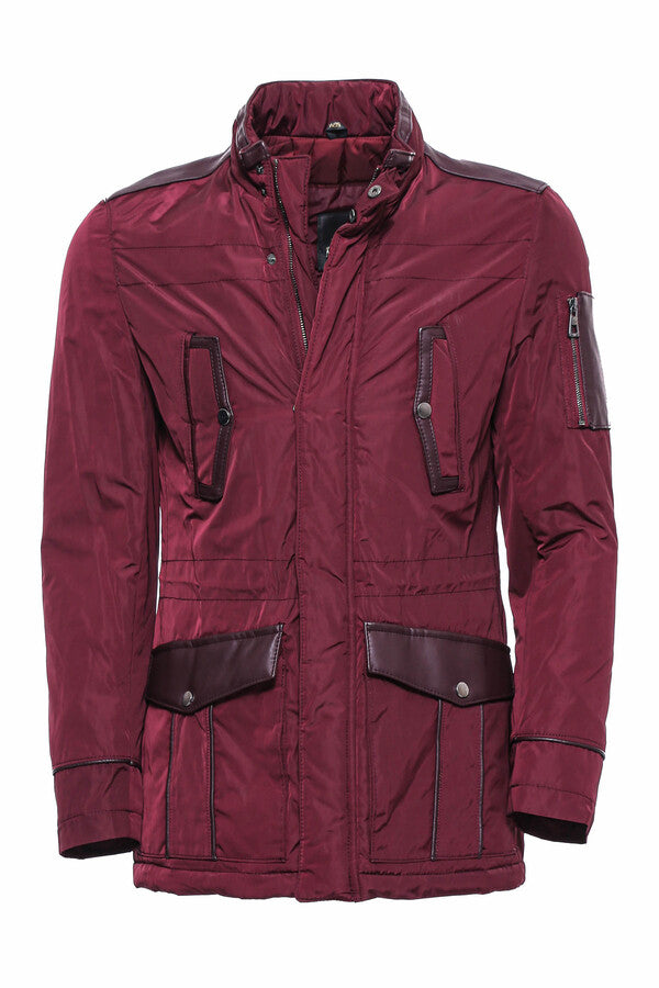 Leather Modeled Burgundy Slim Fit Quilted Jacket - Wessi