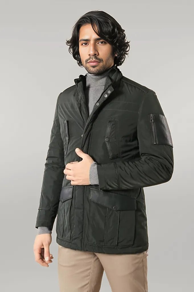 Leather Modeled Green Slim Fit Quilted Jacket - Wessi