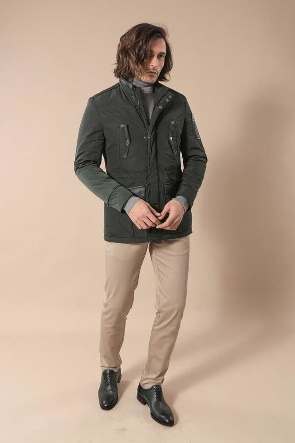 Leather Modeled Green Slim Fit Quilted Jacket - Wessi
