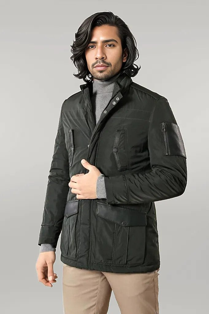 Leather Modeled Green Slim Fit Quilted Jacket - Wessi