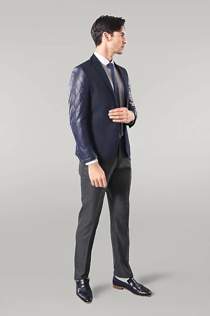 Leathered Sleeve Quilted Navy Blue Cache Blazer - Wessi