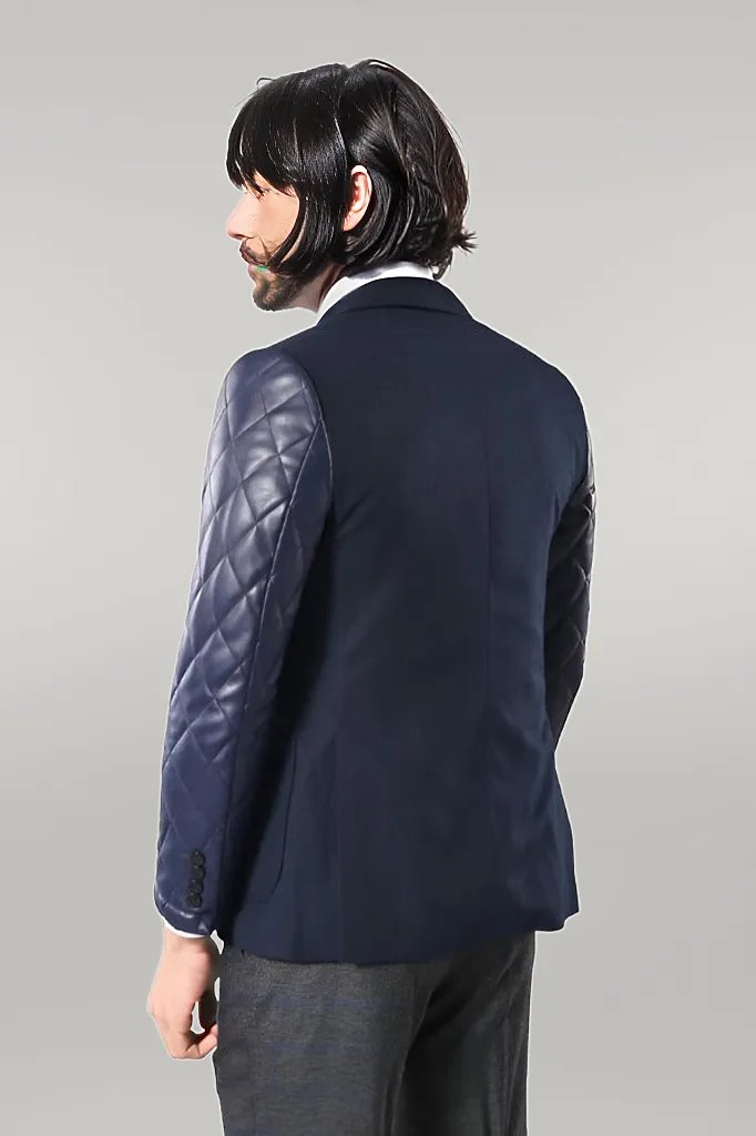 Leathered Sleeve Quilted Navy Blue Cache Blazer - Wessi