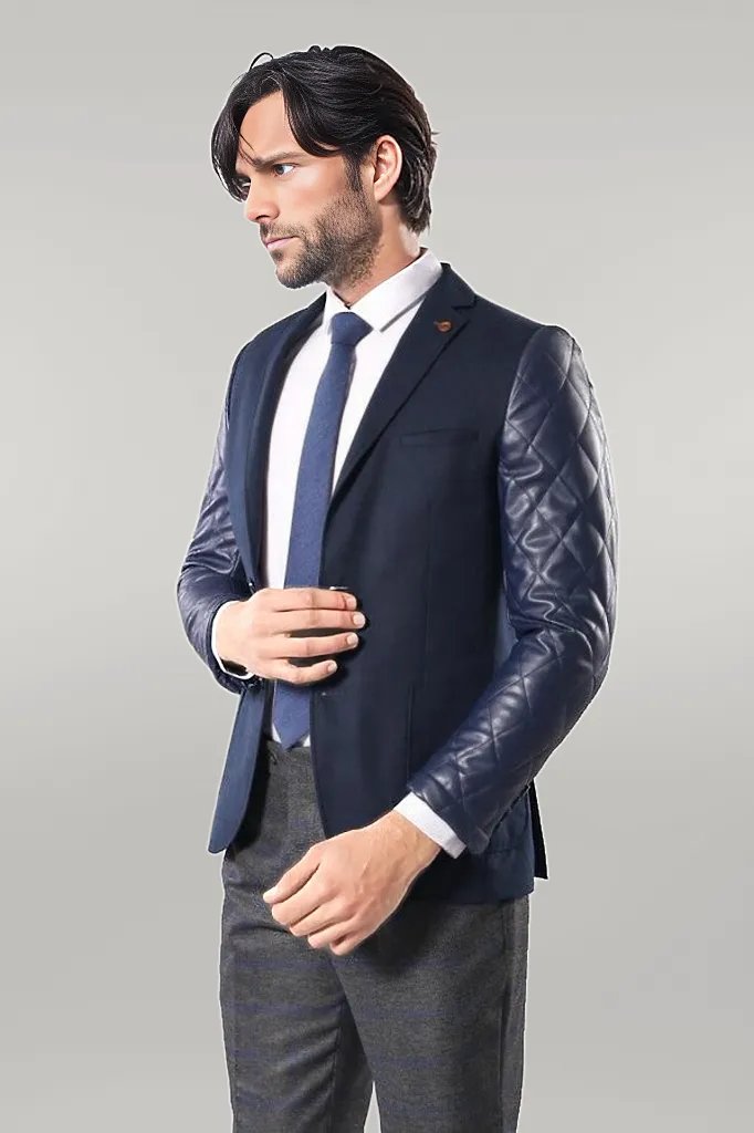 Leathered Sleeve Quilted Navy Blue Cache Blazer - Wessi