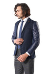 Leathered Sleeve Quilted Navy Blue Cache Blazer - Wessi