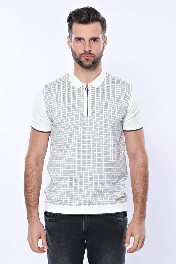 Light Grey Plaid Zippered Knitted Polo T-Shirt | Wessi