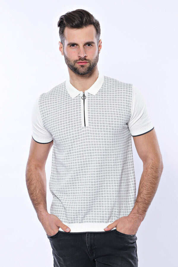 Light Grey Plaid Zippered Knitted Polo T-Shirt | Wessi