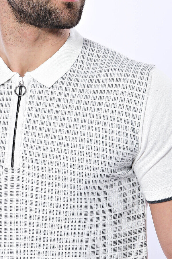 Light Grey Plaid Zippered Knitted Polo T-Shirt | Wessi