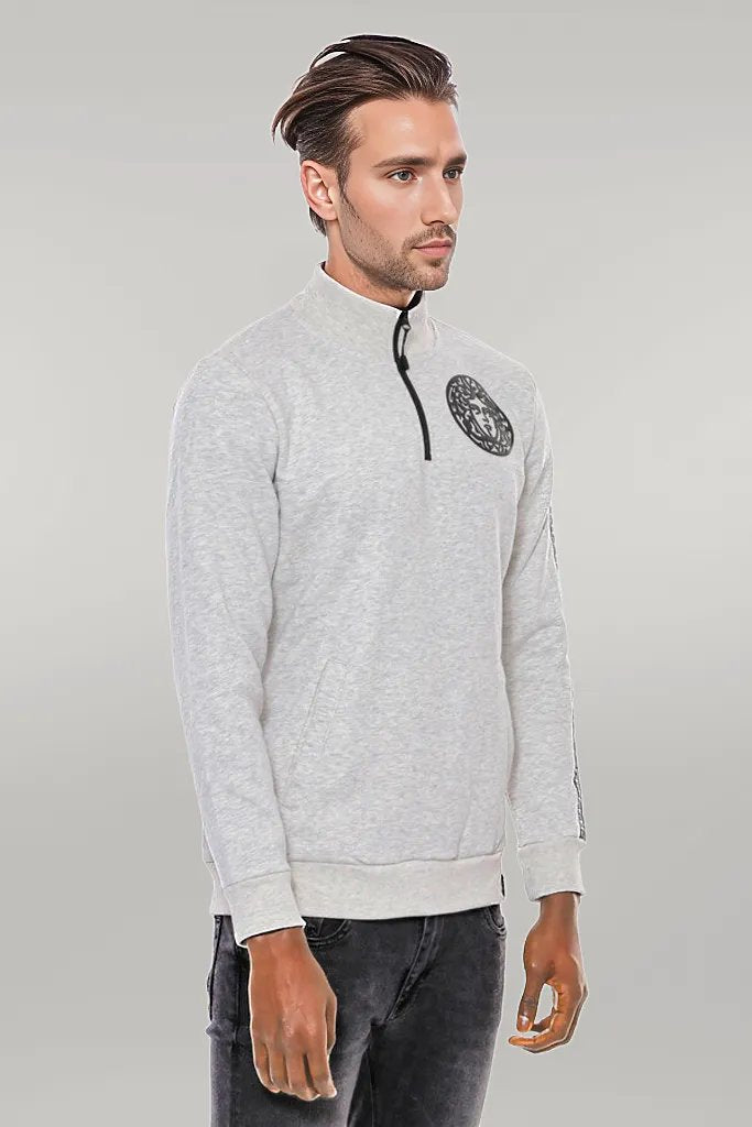 Mandarin Collar Patterned Grey Sweatshirt - Wessi