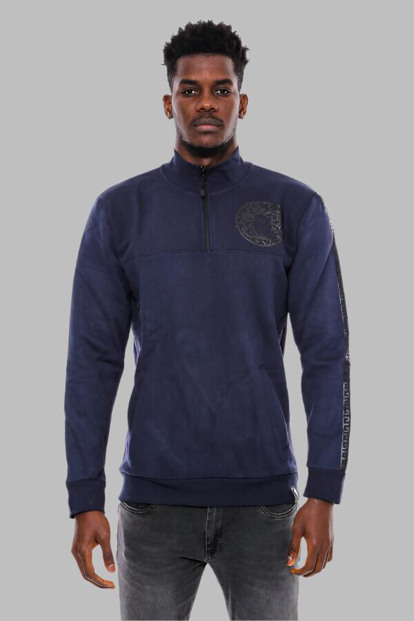 Mandarin Collar Slim Fit Navy Blue Sweatshirt - Wessi