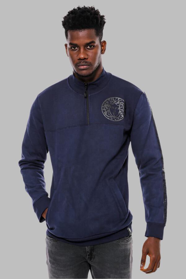 Mandarin Collar Slim Fit Navy Blue Sweatshirt - Wessi