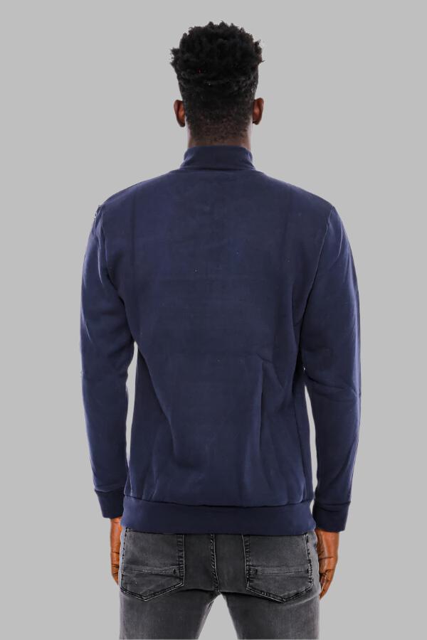 Mandarin Collar Slim Fit Navy Blue Sweatshirt - Wessi