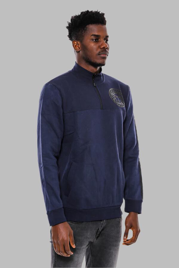 Mandarin Collar Slim Fit Navy Blue Sweatshirt - Wessi