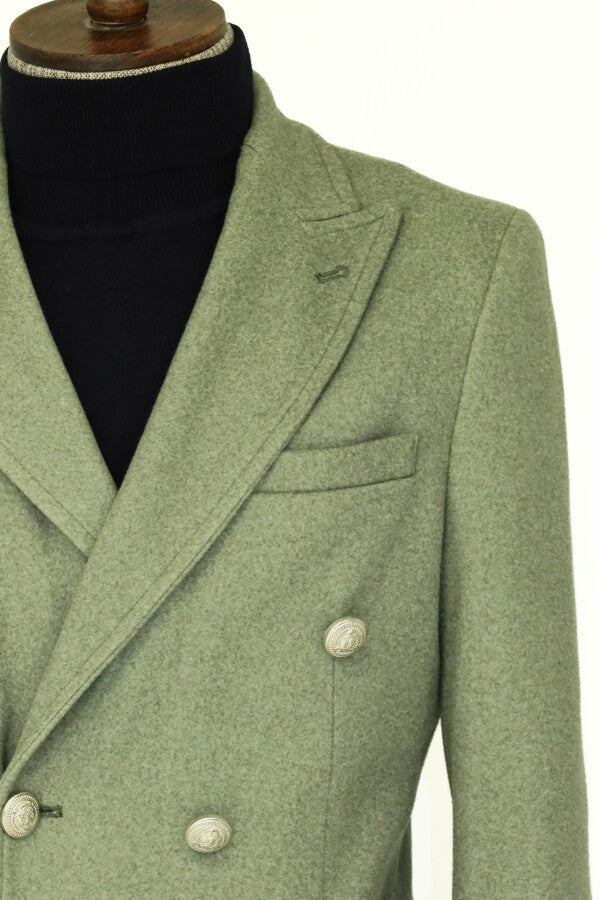 Metal Buttons Wool Cashmere Green Men Double Breasted Coat - Wessi