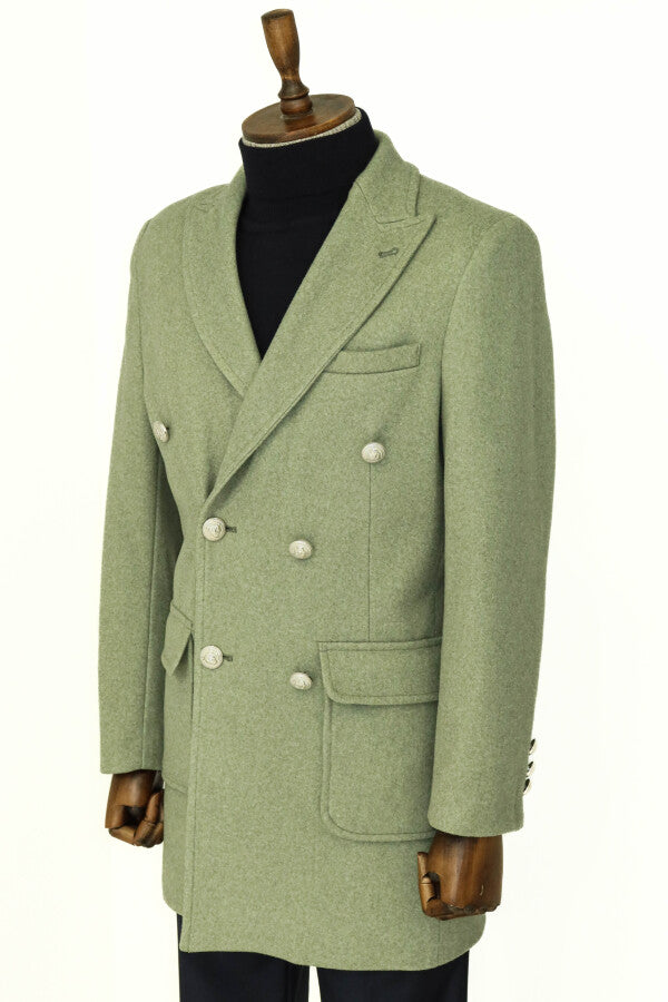 Metal Buttons Wool Cashmere Green Men Double Breasted Coat - Wessi