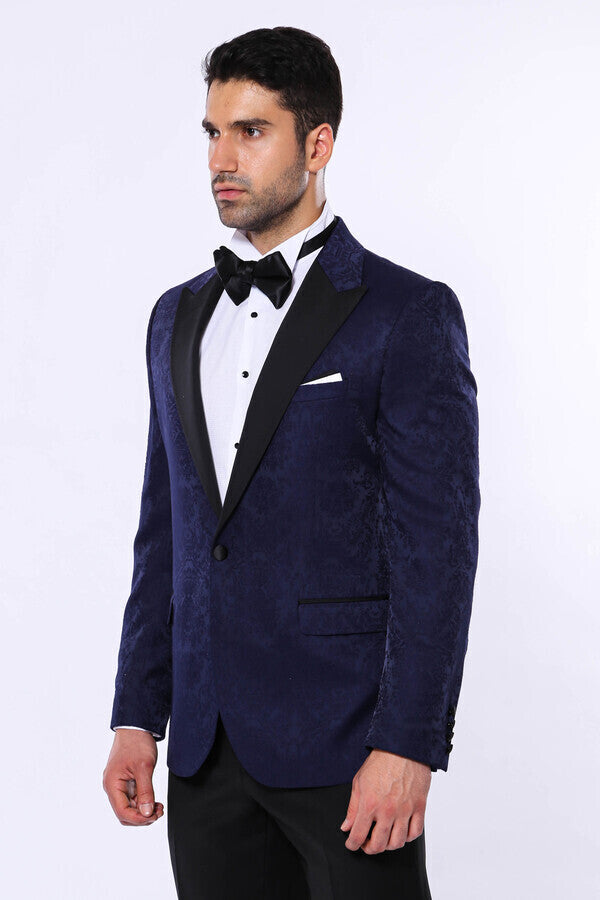 Navy Blue Patterned Party Blazer - Wessi
