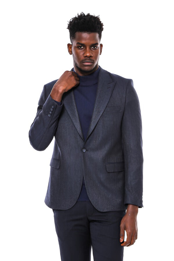 Navy Blue Patterned Slim Fit Blazer Wessi