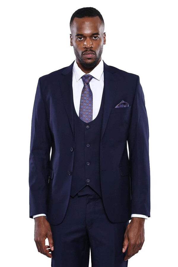 Navy Blue Plain 3-Piece Suit with Vest | Wessi
