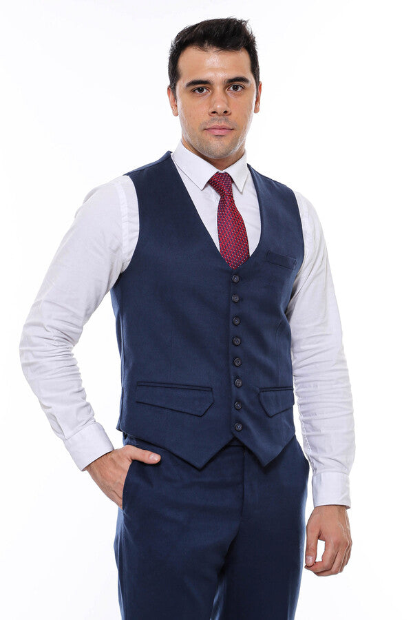 Navy Blue Plain 8 Buttoned Vest - Wessi