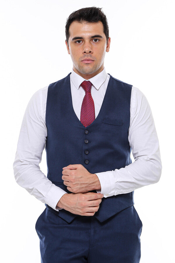 Navy Blue Plain 8 Buttoned Vest - Wessi