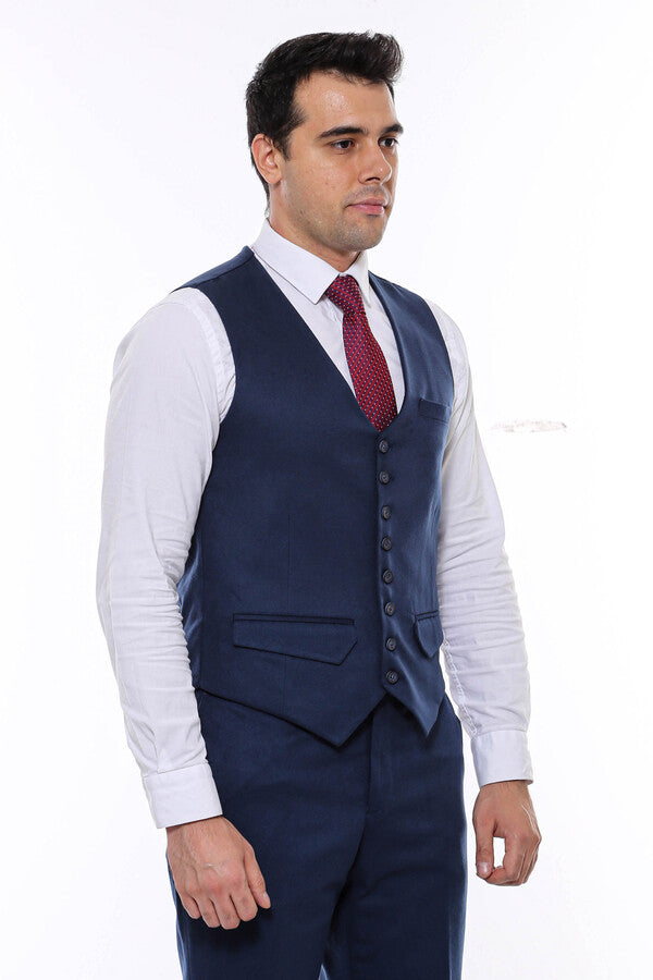 Navy Blue Plain 8 Buttoned Vest - Wessi