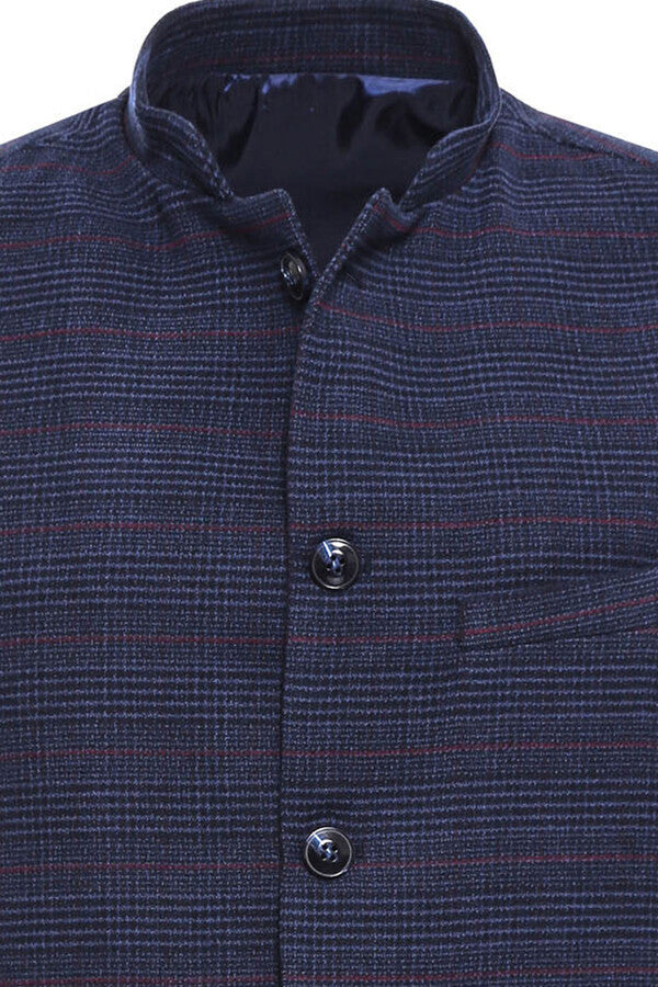 Navy Checked Mandarin Collar Cachet Vest - Wessi