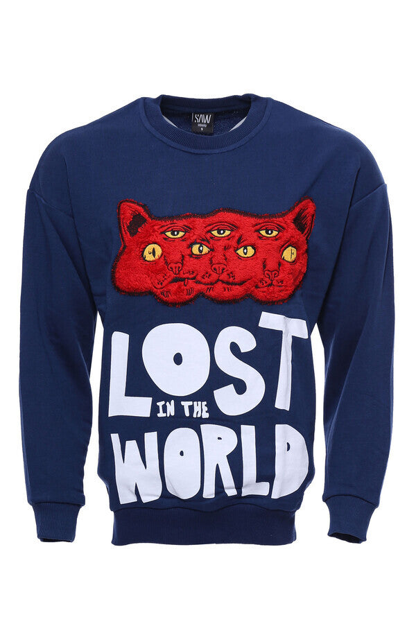 Navy Circle Neck Cat Printed Sweatshirt - Wessi
