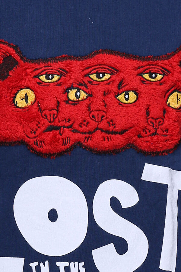 Sudadera Azul Marino Con Estampado De Gatos Y Cuello Circular - Wessi