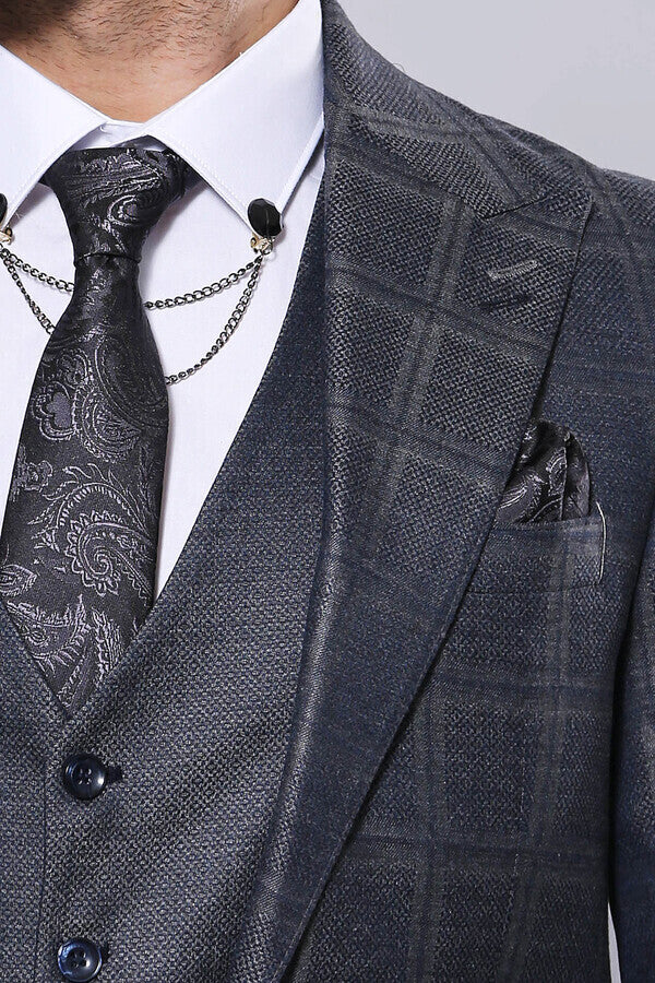 Navy Patterned Vested Suit | Wessi