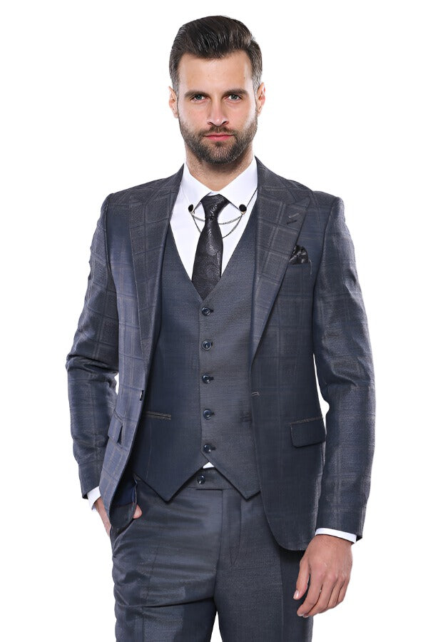 Navy Patterned Vested Suit | Wessi
