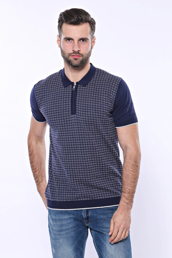 Navy Plaid Zippered Knitted Polo T-Shirt | Wessi