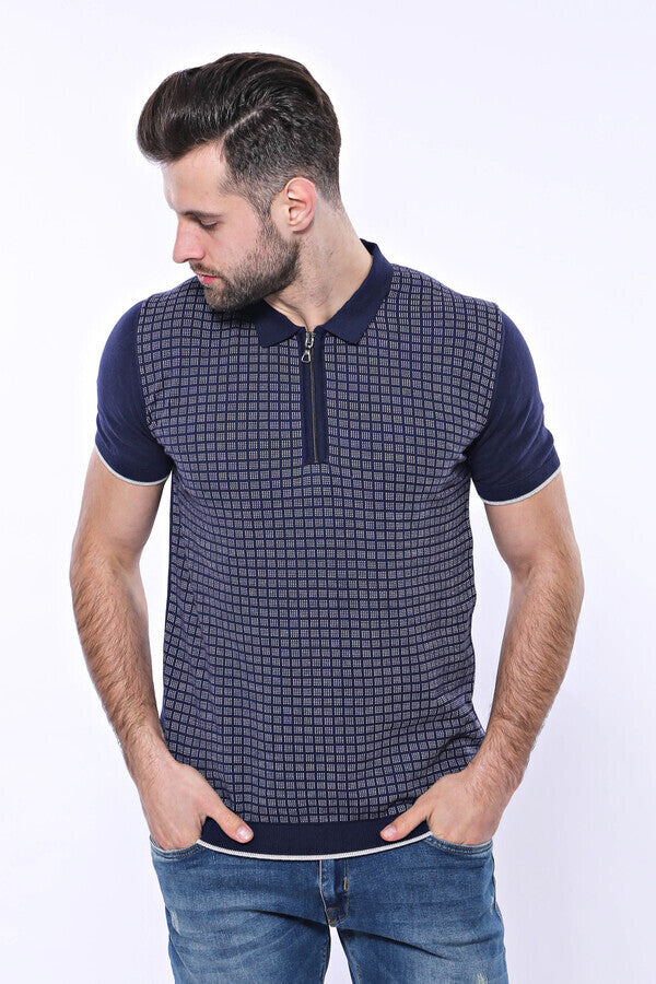 Navy Plaid Zippered Knitted Polo T-Shirt | Wessi