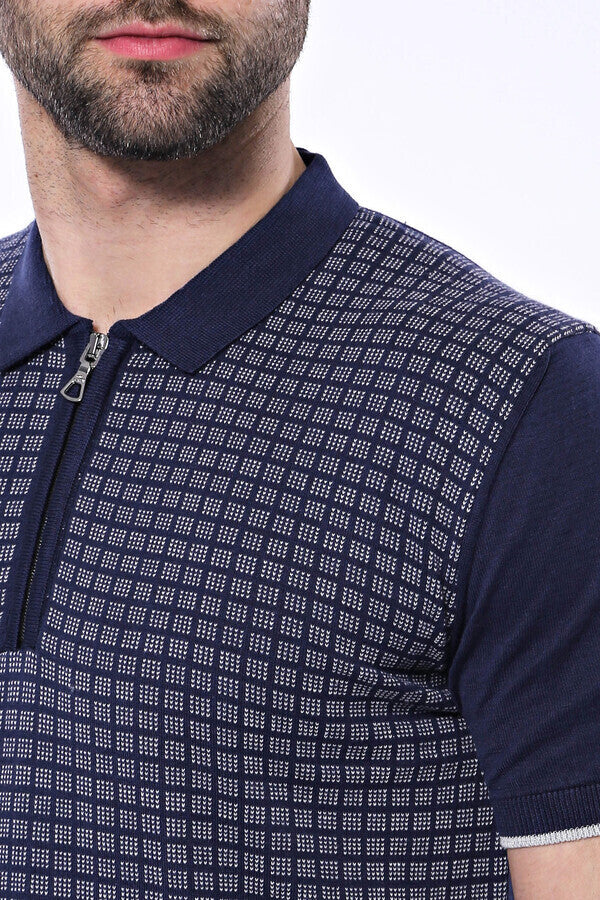 T-shirt polo en maille à fermeture éclair à carreaux bleu marine | Wess