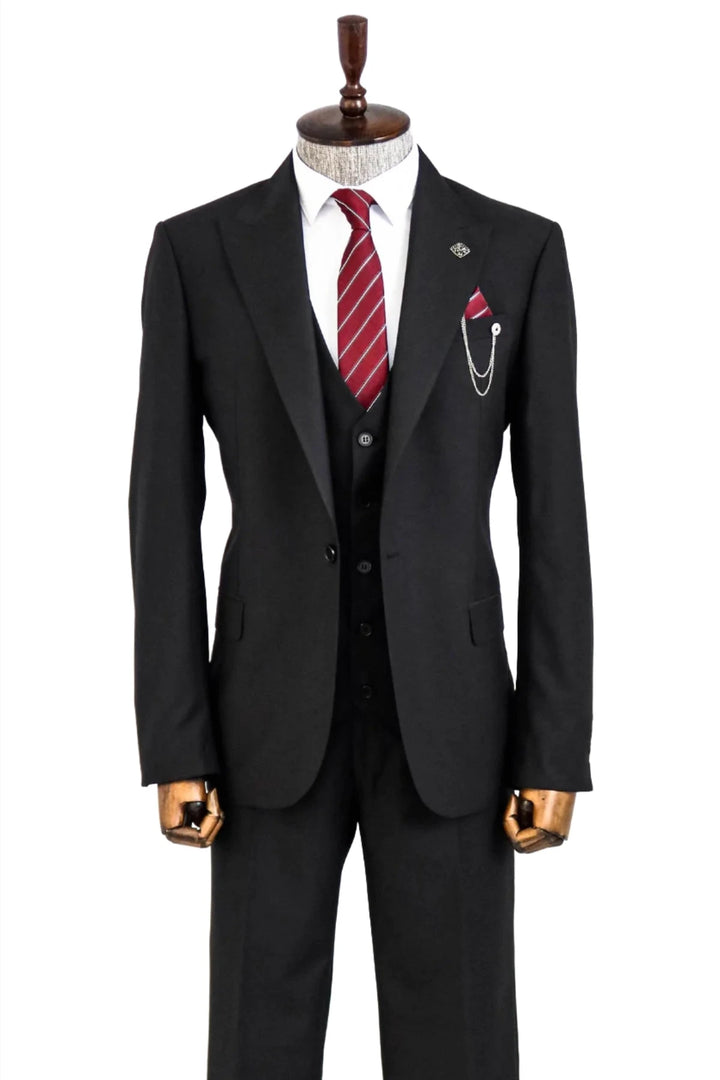 Notch Lapel Slim Fit Single Button Black Suit | Wessi