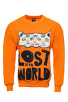 Orange Circle Neck Cat Printed Sweatshirt - Wessi