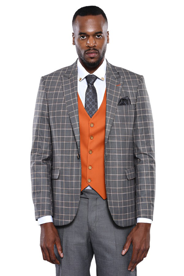 Orange Vested Checked Grey Men Suit - Wessi