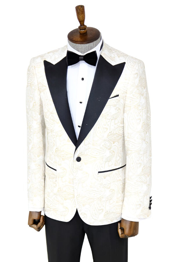 Paisley Peak Lapel White Men Prom Blazer - Wessi