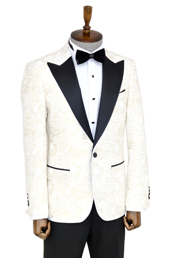 Paisley Peak Lapel White Men Prom Blazer - Wessi