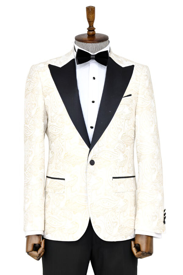 Paisley Peak Lapel White Men Prom Blazer - Wessi